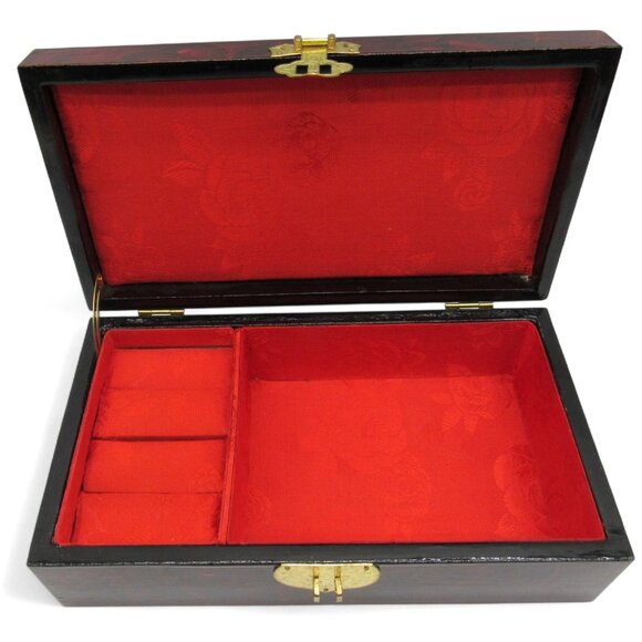 Asian Wooden JEWELRY BOX with 3D Cork Pagoda and Crane Birds Lacquered 9 Inches - Picture 6 of 11